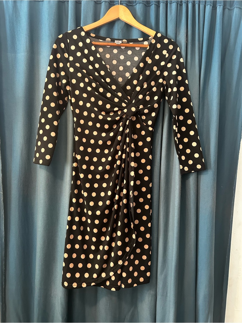 Tristan Black Dress with Cream Polka Dots and Twist Front